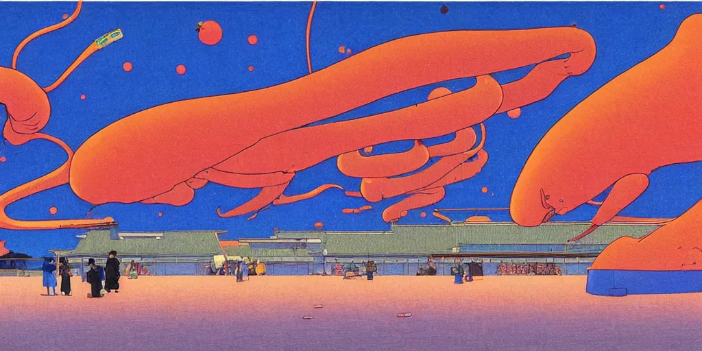 Image similar to electric cats that fly over ice, a lot of tv screens around, shrimps are all over the ground, acid and dreaming psychedelic hallucinations, by kawase hasui, moebius and edward hopper, colorful flat surreal design, hd, 8 k, artstation