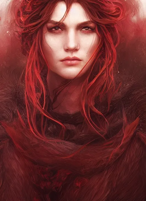 Image similar to vertical portrait of a ruggedly handsome female cleric, soft hair, close - up face, leather, witchy, d & d, fantasy, intricate, elegant, highly detailed, digital painting, artstation, concept art, smooth, sharp focus, illustration, art by artgerm and greg rutkowski and alphonse mucha, plain red background