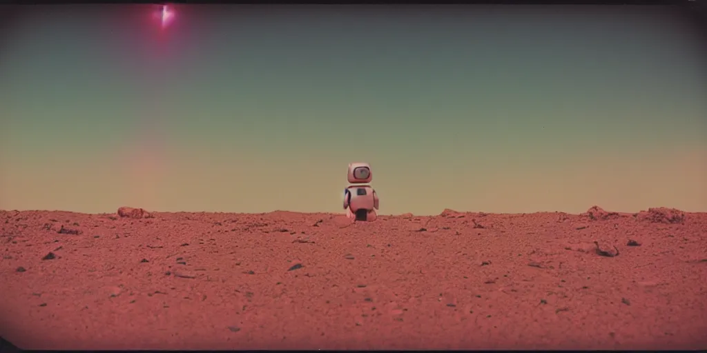 Prompt: analog polaroid of a lone robot on mars, cyan and light pink sky, color bleed, slight lens flare