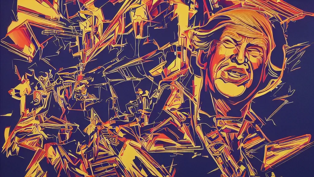 Image similar to donald trump apotheosis in the style of syd mead and alex grey