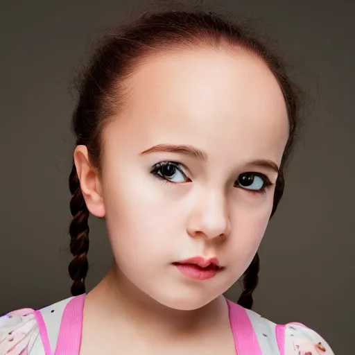 Image similar to photograph of girl with big forehead with square face and small bird beak lips and small round nose and dark black, high detail 8k,