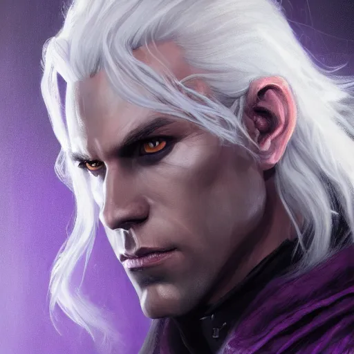 Image similar to realistic portrait of drizzt du orden by r. a. salvatore, dark elf with purple eyes and white hair, trending on artstation, low angle oil painting and composition laws, cinematic lighting, hyperdetailed, cgsociety, 8 k