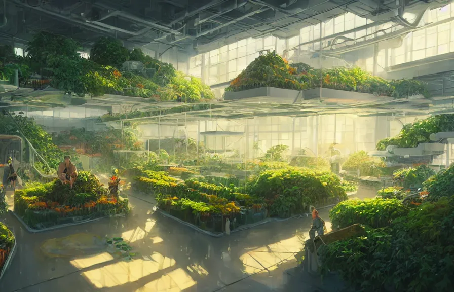 Prompt: concept art of a lush indoor hydroponics lab in a far - future utopian city, apples oranges pears fruit, key visual, ambient lighting, highly detailed, digital painting, artstation, concept art, sharp focus, by makoto shinkai and akihiko yoshida and hidari and wlop