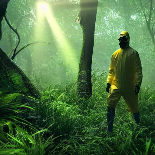 Image similar to a man wearing a hazmat suit, walking through a lush jungle, realistic octane render, ray traced, god rays, extremely high detail