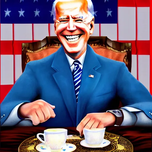 Image similar to a painting of joe biden laugh in tea party with osama bin laden, justify content center, hyper realistic content, frontal hyperdetailed realistic content, sharp focus, intricate, dynamic composition, 2 colors, baroque, delete duplicate content