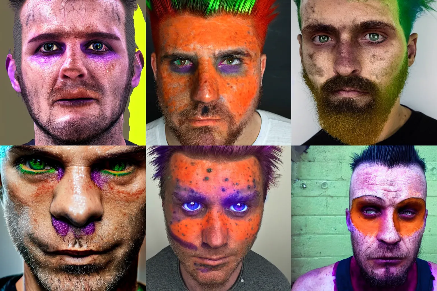 Prompt: a close up of a man's face with orange skin, green eyes, and purple hair styled in a mohawk. He also has a metal plate on his forehead with two red lights in the center