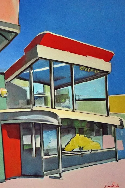 Prompt: mid century modern cafe by julia pinkham artist and bernard simunovic