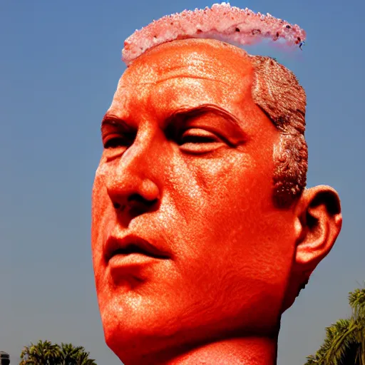 Image similar to a sculpture made out red jelly in the sea of a giant benjamin netanyahu head, long shot, hyper detailed, hyper realistic, ray tracing, 8 k resolution, sharp focus, realistic water, award winning