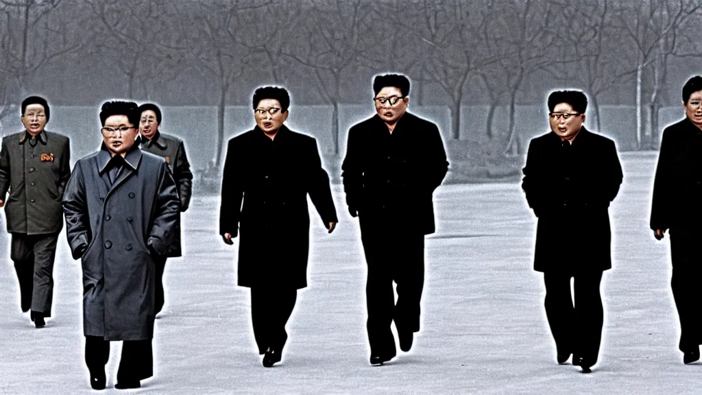 Image similar to kim jong - il walking in 1 9 6 0 s pyongyang, film noir thriller in the style of orson welles and andrei tarkovski