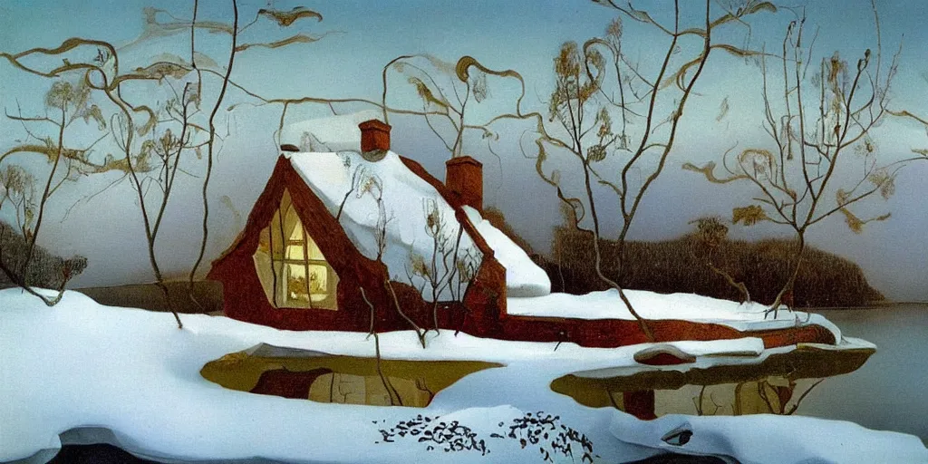 Image similar to an oil painting of a lakehouse in the winter painted by salvador dali, high detail,