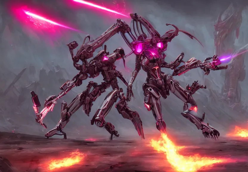 Image similar to epic cinematic shot of stunning beautiful hot anthropomorphic mecha female dragon fighting in the nuclear war with laser rifle, has silver armor and fuchsia skin, skeletons riddling the ground, bleak, warframe fanart, terminator art, epic scale, furaffinity, deviantart, octane