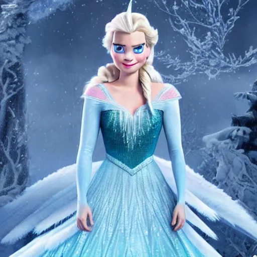 Image similar to Margot Robbie as Elsa in disney frozen live action, 8k full HD photo, cinematic lighting, anatomically correct, oscar award winning, action filled, correct eye placement,