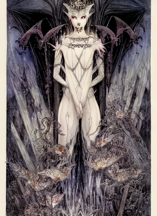 Image similar to dark vampire queen closeup face surrounded by bats, night sky, art by luis royo and walter crane and kay nielsen, watercolor illustration,