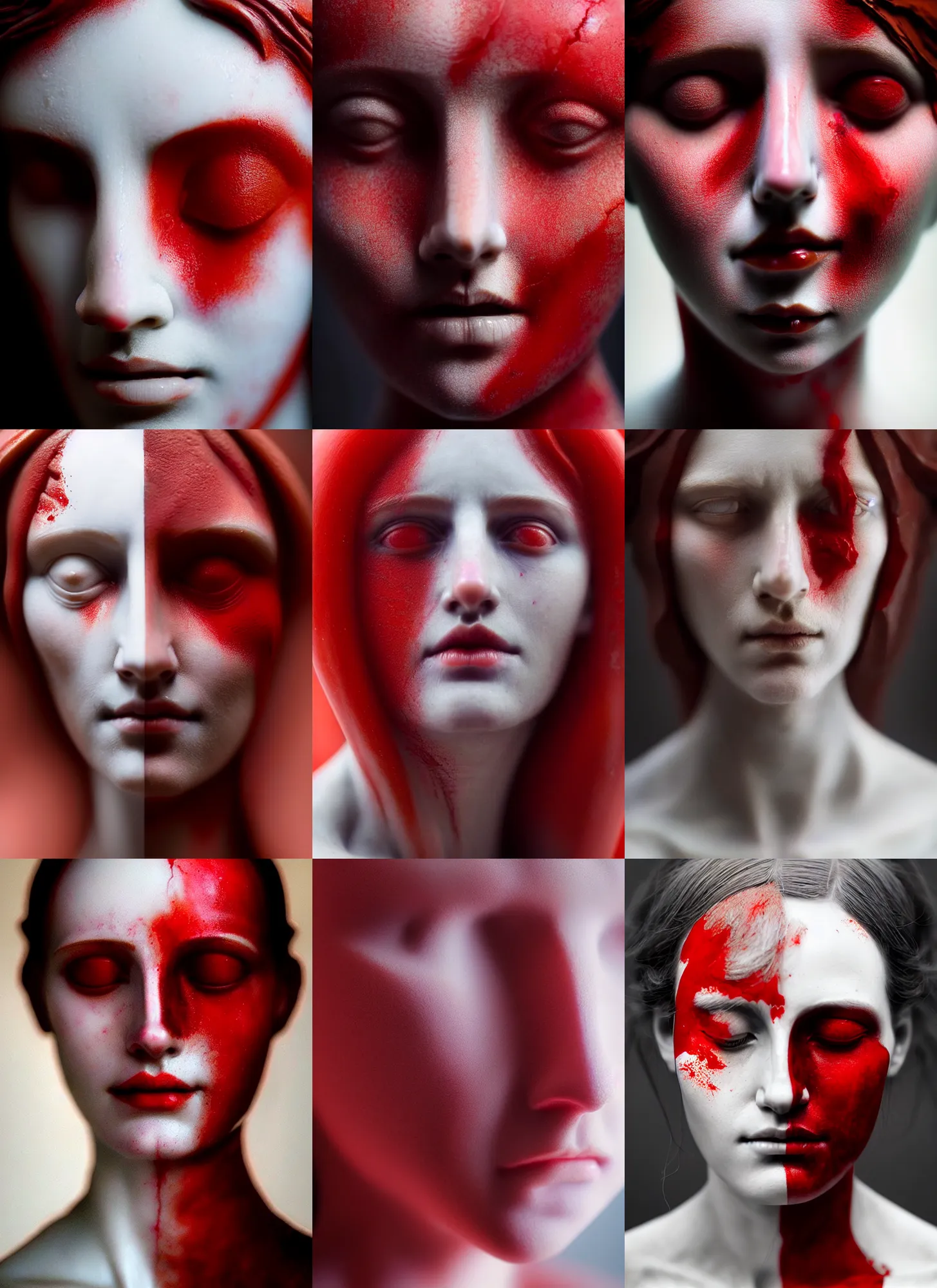 Prompt: beautiful closeup portrait of a ethereal woman red paint half face, marble sculpture by greg rutkowski, josan gonzalez, rodin, michelangelo, cinematography by christopher nolan, imaginative, creative, emotion : madness