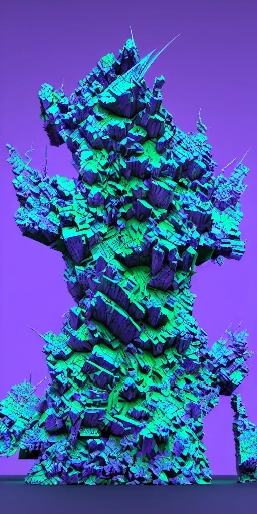 Prompt: 3 d photographic render of a deconstructed asymmetric mandelbulb sculpture, blue bioluminescent chrometype, made of liquid purple metal, neotribal with thorns and green thunders, cyberpunk pyramid, raytraced, hyper realistic, volumetric lightning, 8 k, by zhelong xu and michelangelo