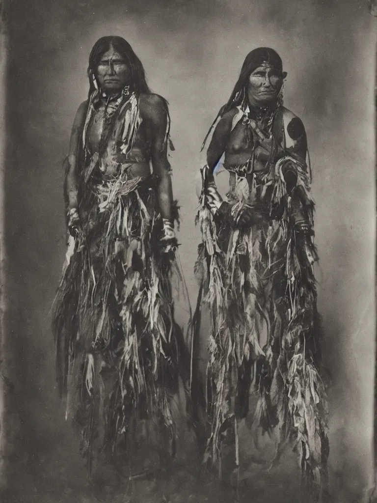 Prompt: a faded old black and white wet plate photo of an american indian female warrior,