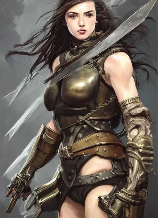 Image similar to a professionally painted portrait of an attractive young girl, partially clothed in battle armor, olive skin, long dark hair, beautiful bone structure, symmetrical facial features, intricate, elegant, digital painting, concept art, smooth, sharp focus, finely detailed, beautifully framed, from Metal Gear, in the style of Artgerm and Greg Rutkowski and William-Adolphe Bouguerea