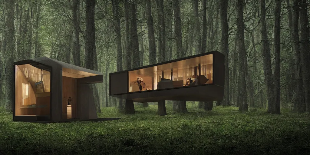 Image similar to modern tiny house in an ominous forest designed by zaha hadid, cinematic lighting, deep focus, sharp focus, golden ratio, dramatic illumination, hdr, ultra realistic, 8 k, highly detailed, trending on artstation, epic composition, by caravaggio, by artemisia lomi gentileschi