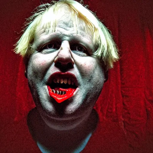 Image similar to photo of the inside of a dark old rainy bedroom window at night with the curtains pulled back, dimly lit creepy | screaming face of boris johnson staring in and pressing his bloody face and hands against the window, horror, scary face, demonic face,