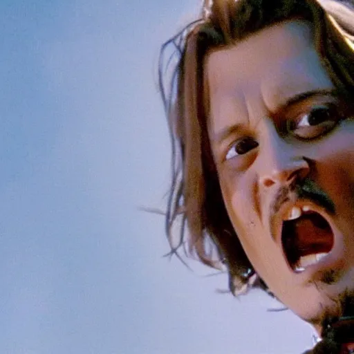 Image similar to johnny depp falling down a cliff with the camera pointing downwards at his face as you can see him scream while falling down the cliff, realistic, movie scene, dramatic, hdr, clear image,