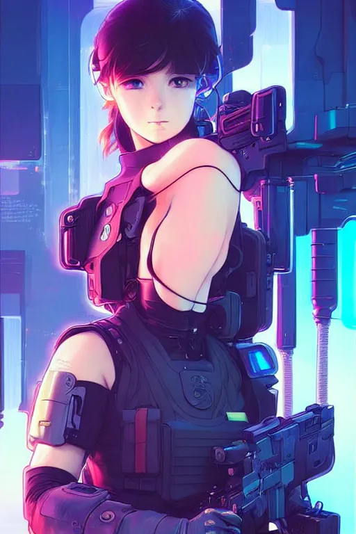 Image similar to anime key visual of a young female swat officer, neon, cyberpunk, futuristic, stunning, highly detailed, digital painting, smooth, soft focus, illustration, movie poster, japanese typography, digital art from artstation by artgerm and greg rutkowski and alphonse mucha