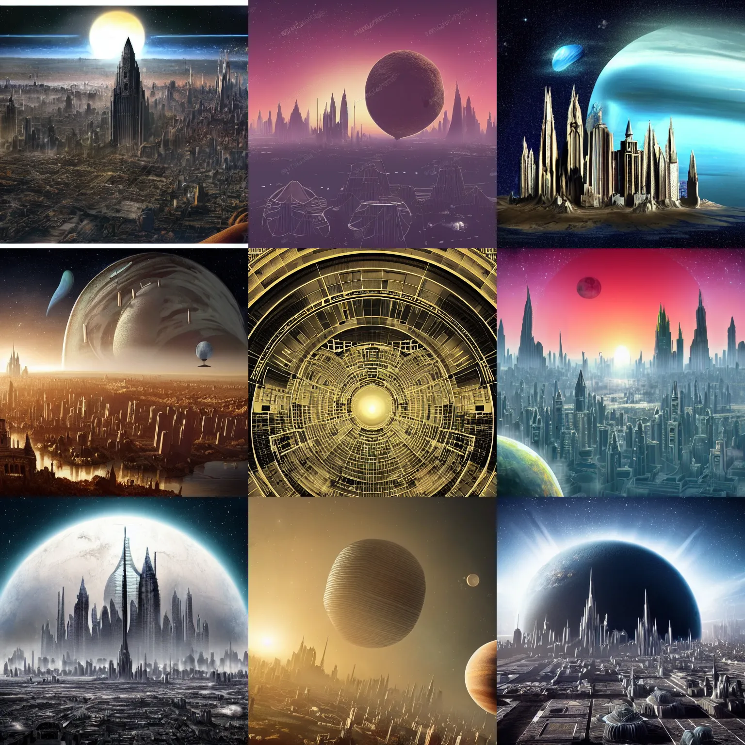 Prompt: planet with a building and city on it so large as to protrude from the planet atmosphere, epic, vast, gothic, space scene, beautiful, rich, intricate detail, realistic, gargantuan