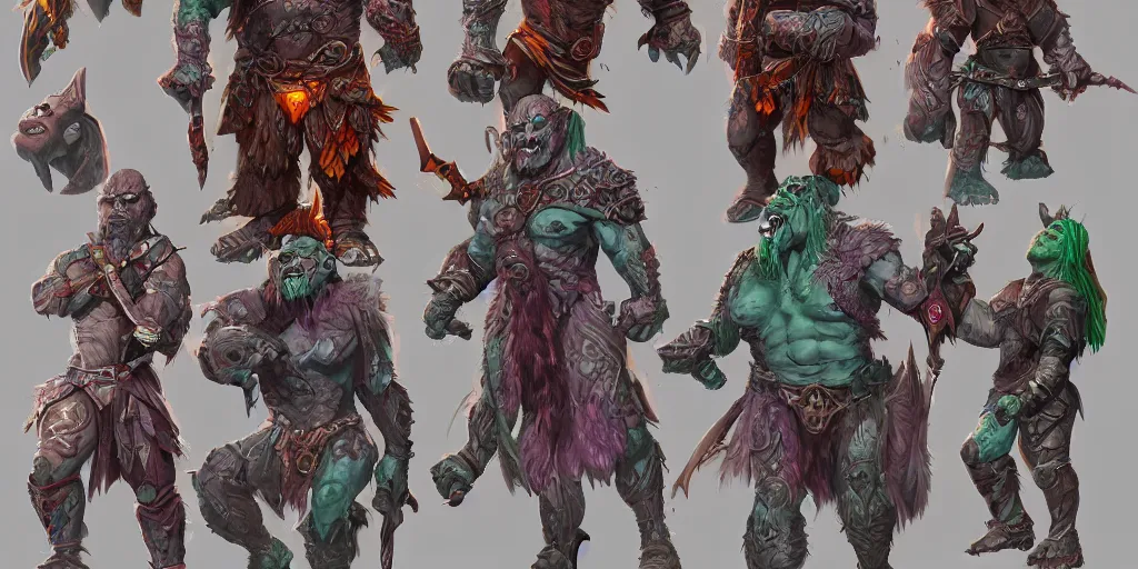 Image similar to different views of orcs, colourful intricate!! concept art by senior character artist, trending on artstation, full body character design