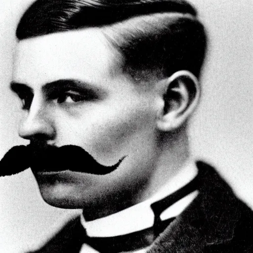 Image similar to A photograph portrait of Jerma985 with short hair and a 1910s mustache in the early 1910s, taken in the early 1910s, grainy, taken on a early 1900s Kodak Camera, realistic, hyperrealistic, very realistic, highly detailed, very detailed, extremely detailed, detailed, digital art, trending on artstation