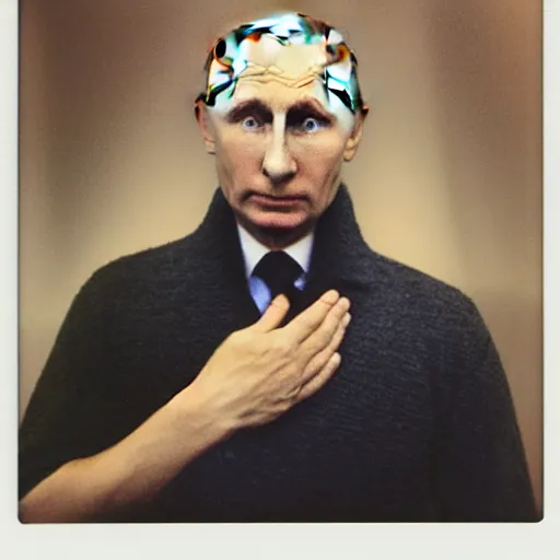 Image similar to polaroid photo of vladimir putin getting slimed, about 7 0 years old, with wrinkles on his face, looking towards infinity with a sad look, a two - day beard and a woolen cap while his lips are chapped by the sun, as well as his dark complexion