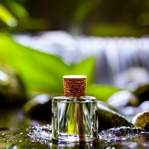 Prompt: perfume bottle sitting on a small clear tropical waterfall, close up shot, upfront, surrounded by tropical leaves, blurred tropical background, softly - lit, soft - warm, zen, light, modern minimalist f 2 0 clean