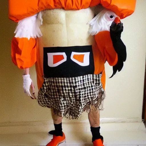 Image similar to chicken dressed as an inmate