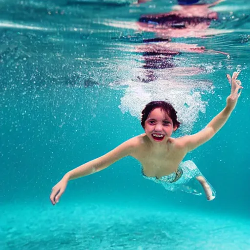 Image similar to 8k UHD under water photograph lithe carefree girl swimming in lagoon, taken from below, detailed