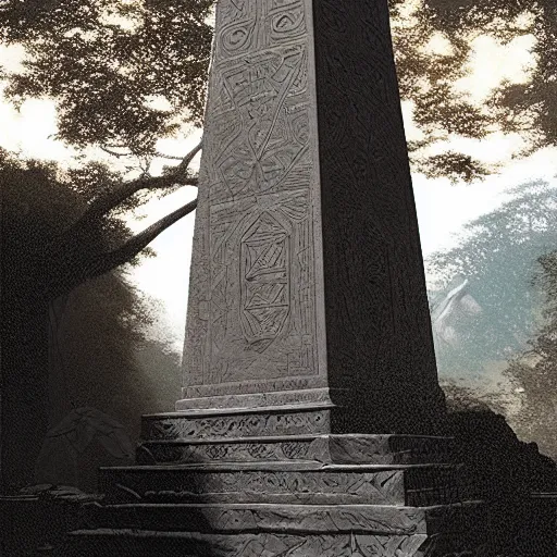 Image similar to giant stone obelisk, intricate detailed glowing engravings, D&D, Magic The Gathering, by Craig Mullins, ornate, amazonian forest, volumetric lighting