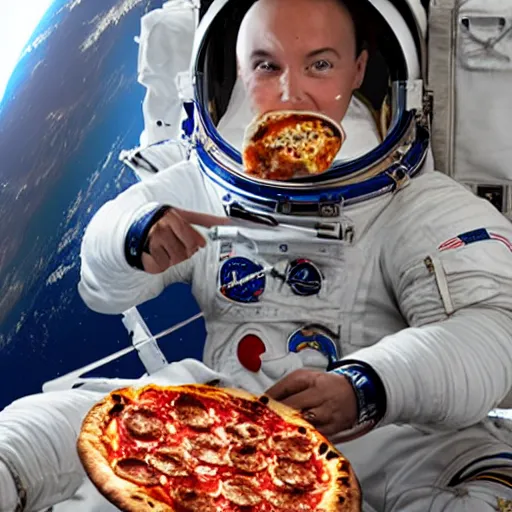 Image similar to an astronaut eating pizza in space with the moon in the background