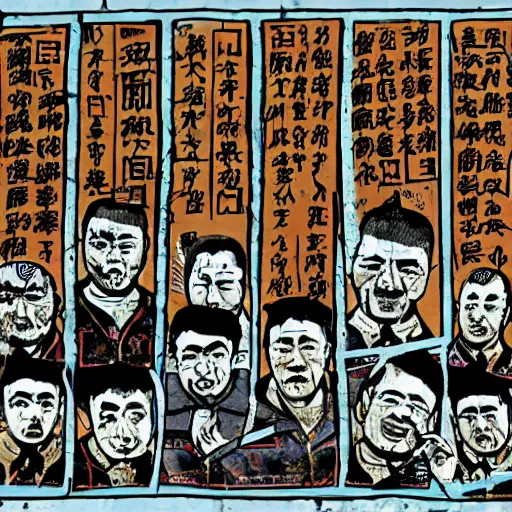 Prompt: uyghur men in a prison, in the style of daniel johnston and outsider art, 4k, overlaid with chinese text