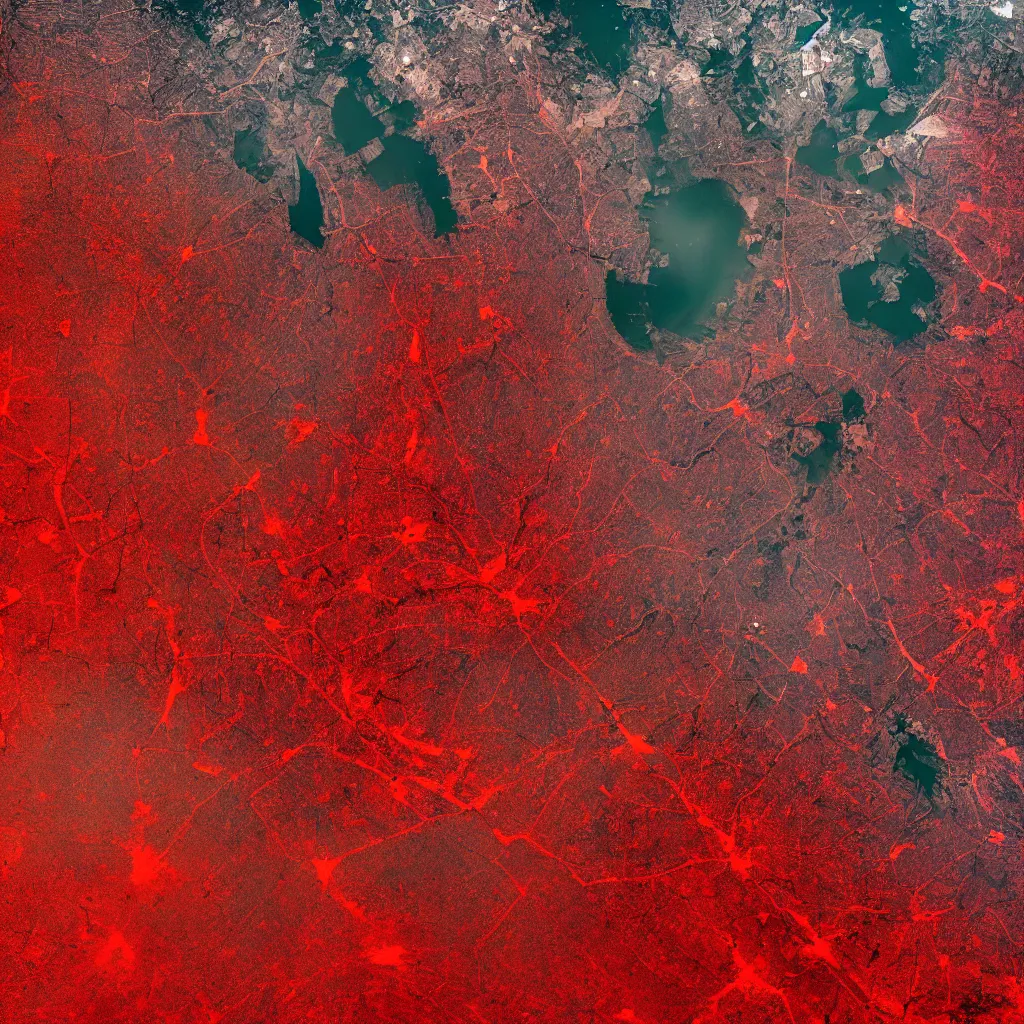 Prompt: a very polluted landscape seen by sentinel or landsat satellite during the night with very high lights and urban sediment, red water, photorealistic, high resolution, best quality