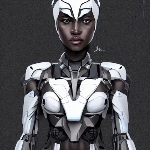 Image similar to an african female transformer with glowin white eyes, very symmetrical face, highly detailed, nanogirl, nanogirlv 2, by vitaly bulgarov, by yoji shinkawa, by joss nizzi, by shoji kawamori, metal gear solid, transformers cinematic universe, deviantart, artstation, unreal engine