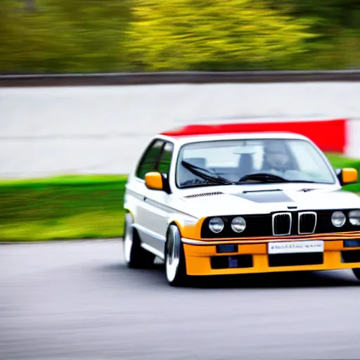 Image similar to a rolling shot of a modified bmw e 3 0 with lights on, on a street race track, motion blur, 1 5 0 mm lens