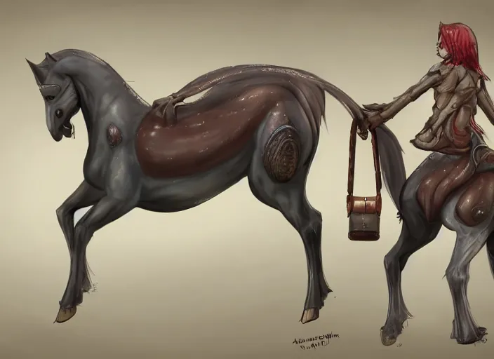 Image similar to concept art of anthropomorphic horse owith a slime parasite, carrying a saddle bag, digital art, photo realistic, highly detailed