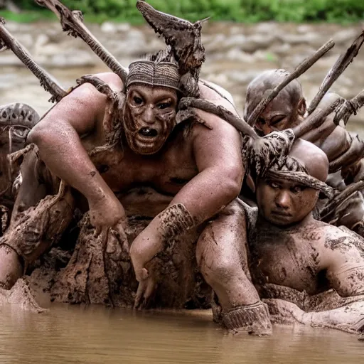 Prompt: tribal warriors fighting off a giant creature made of mud near a river,