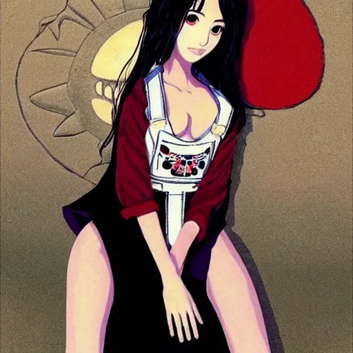 Image similar to a beautiful young japanese natalie portman alluring gravure model, stylized concept art, wearing elegant designer overalls, elegant overalls with mesoamerican patterns, mesoamerican native street fashion, princess mononoke, painted by jamie hewlett and ashley wood and mike mignola, aesthetic, gorgeous, stunning, alluring, attractive, artstation, pinterest, digital art