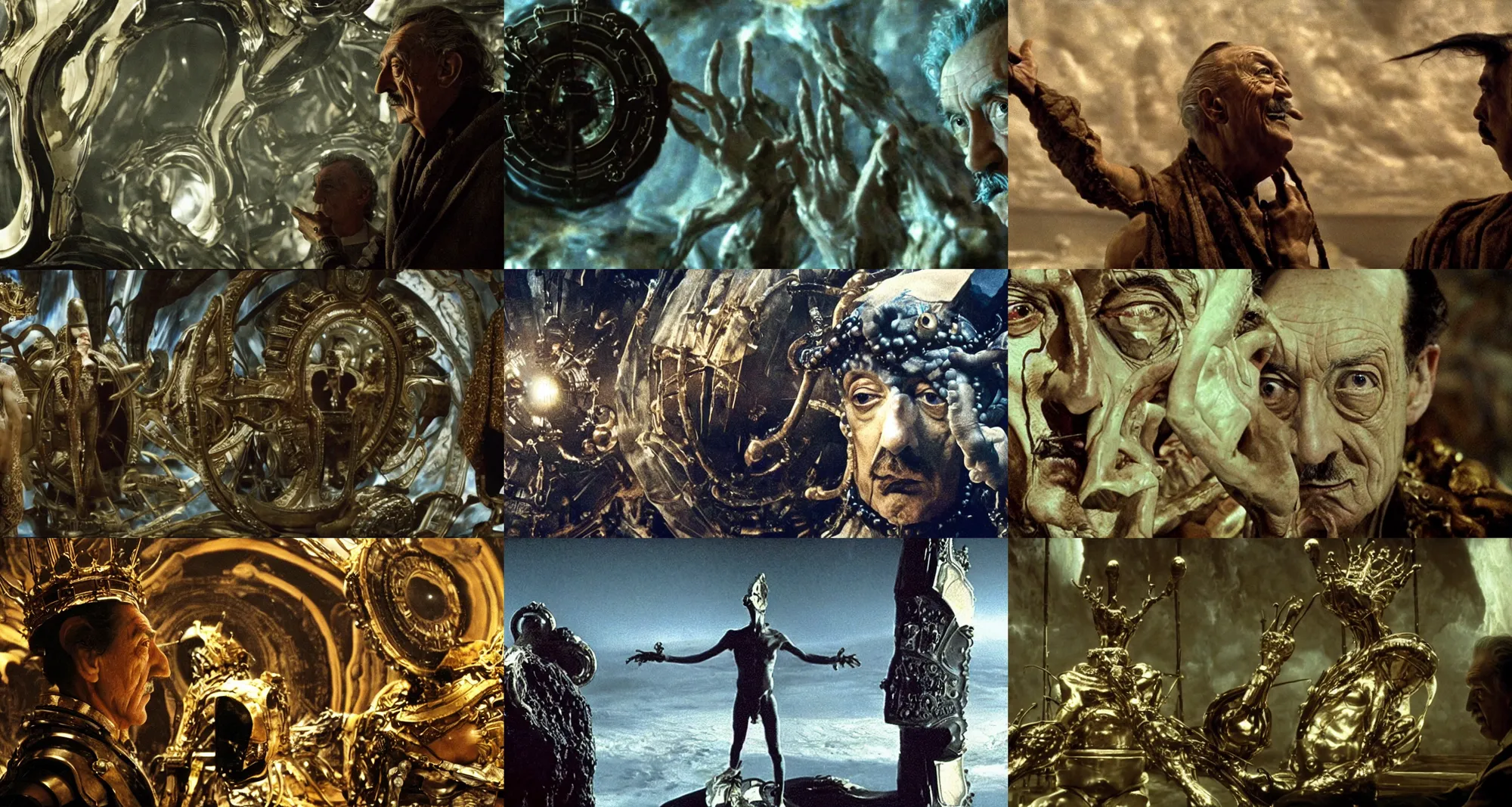 Prompt: the long shot of salvador dali in the role of emperor of universe | still frame from the prometheus movie by ridley scott with cinematogrophy of christopher doyle and art direction by hans giger, anamorphic lens, 8 k, higly detailed masterpiece