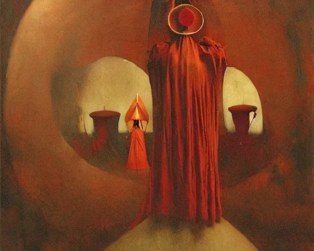 Image similar to devotion to the scarlet woman, priestess in a conical hat, coronation, ritual, sacrament, by francis bacon, beksinski, bosch, mystical redscale photography, opulence, luxury, maximalism.