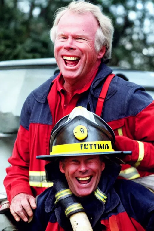 Prompt: kevin tighe wearing a fireman helmet, in a fire laughing