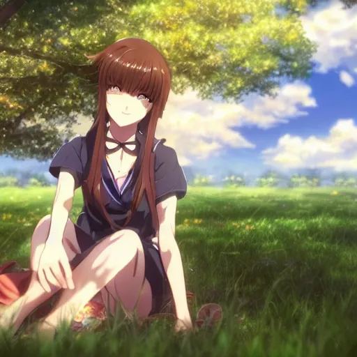 Prompt: photorealistic, a beautiful smiling anime girl with brown hair and high ponytail sitting under a tree, anime key visual, digital art, anime screenshot, kyoto animation, makoto shinkai, trending on pixiv