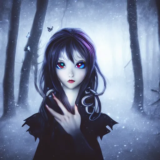 Prompt: focus face portrait of beautiful darkness knight 3D anime girl, dark forest background, snowing, bokeh, inspired by Tim Burton, digital painting, high contrast, unreal engine render, volumetric lighting, high détail