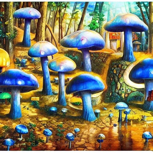 Image similar to blue glowing mushroom houses in a forest village, mushroom architecture, art by ricardo bofill, james christensen, rob gonsalves, paul lehr, leonid afremov and tim white