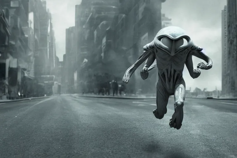 Prompt: an amazing award winning photo of an alien on the run in a unknown alien city, cinematic