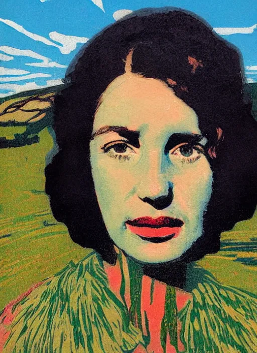 Image similar to an extreme close - up portrait of a sister in a scenic representation of mother nature and the meaning of life by billy childish, thick visible brush strokes, shadowy landscape painting in the background by beal gifford, vintage postcard illustration, minimalist cover art by mitchell hooks