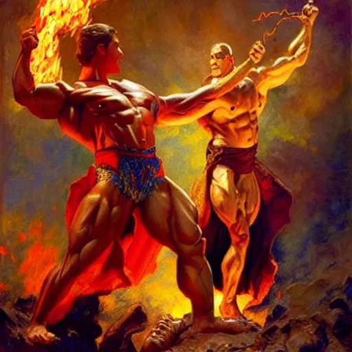Prompt: stunning male bodybuilder master wizard casting fire spell, highly detailed painting by gaston bussiere, craig mullins, j. c. leyendecker, 8 k